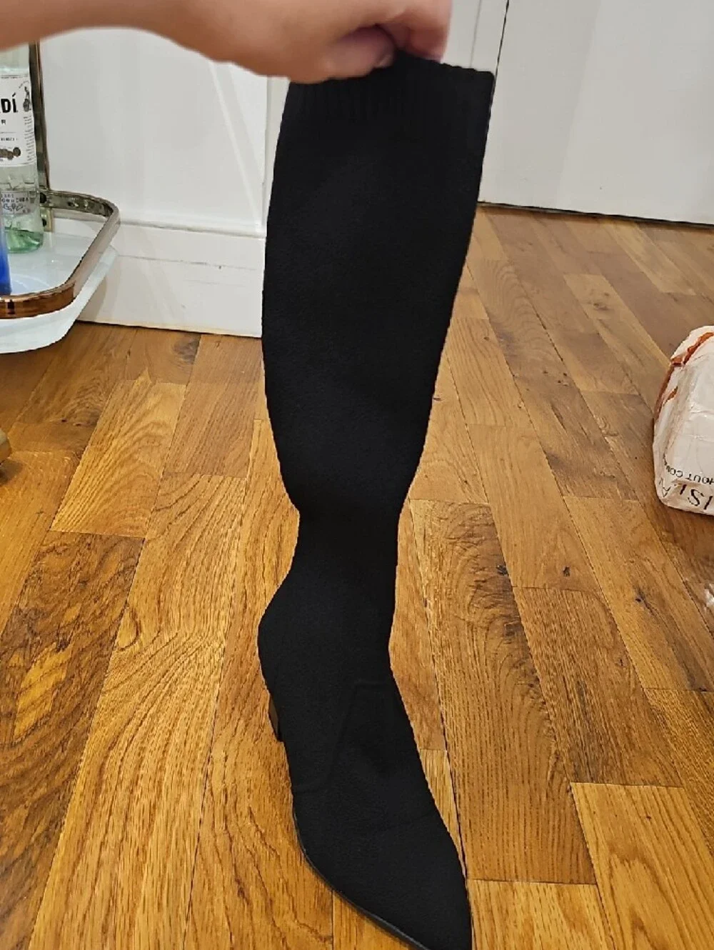 Black Over-the-Knee Stretch Sock Boot with Block Heel